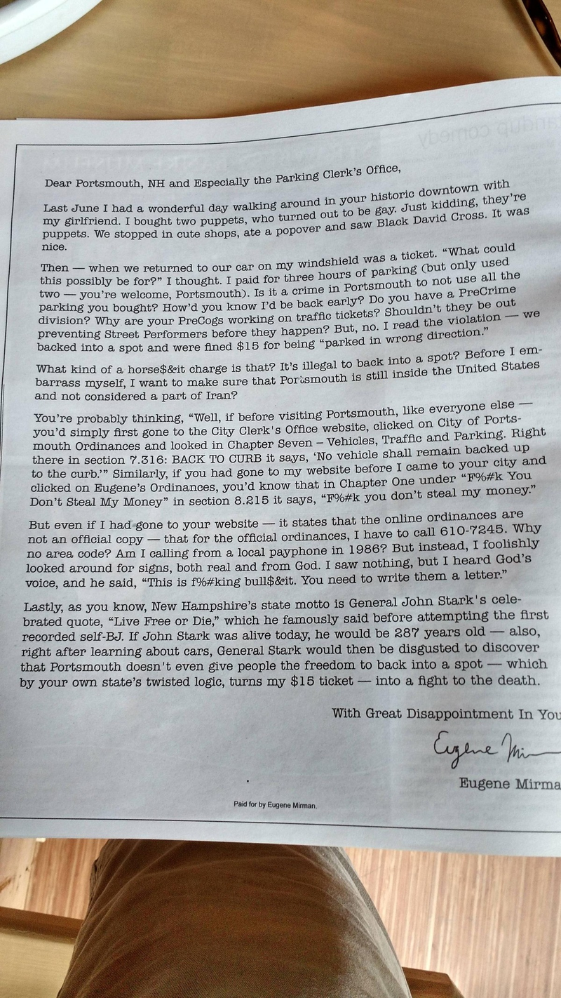 Illustration for article titled Eugene Mirman took out a full-page ad to protest a parking ticket